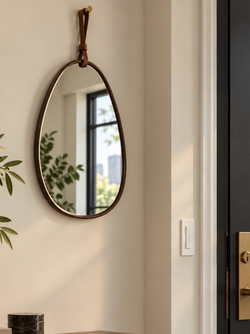 Organic Pebble Wall Mirror | Cognac Leather Strap